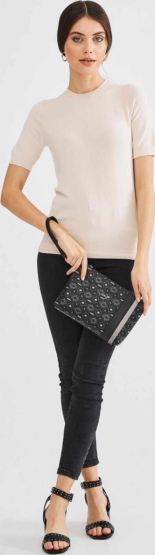 Kadın Basic Clutch Çanta Monogram Desenli Şeritli Siyah Gri (4006SG) 214012 - Image 1