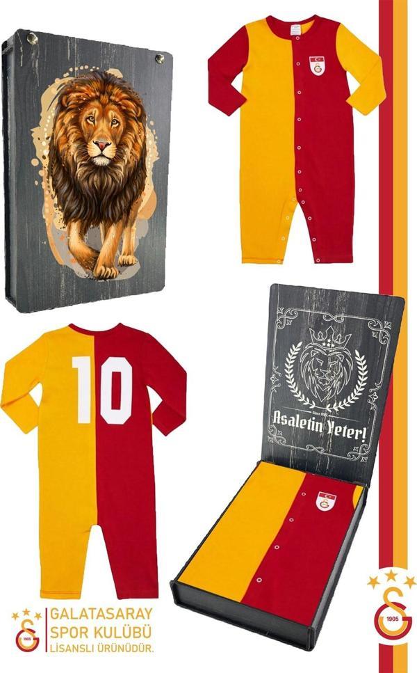 Galatasaray Orijinal Lisanslı Uzun Kol Bebek Tulum Aslan Baskılı Ahşap Kutulu - Image 1