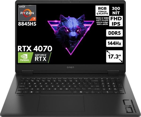 HP Omen 17-DB0021NT R7-8845HS 16-GBDDR5 1 TBSSD RTX4070 (8 GB) 17.3" FHD Windows 10 Pro A44QSEAHMFY61 - Image 1