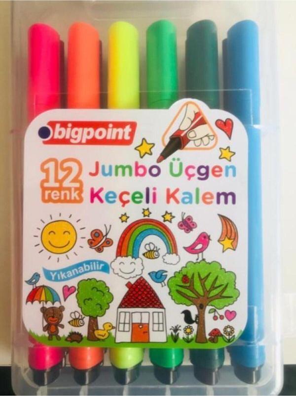 Bigpoint 12 Renk Jumbo Üçgen Keçeli Kalem - Image 1
