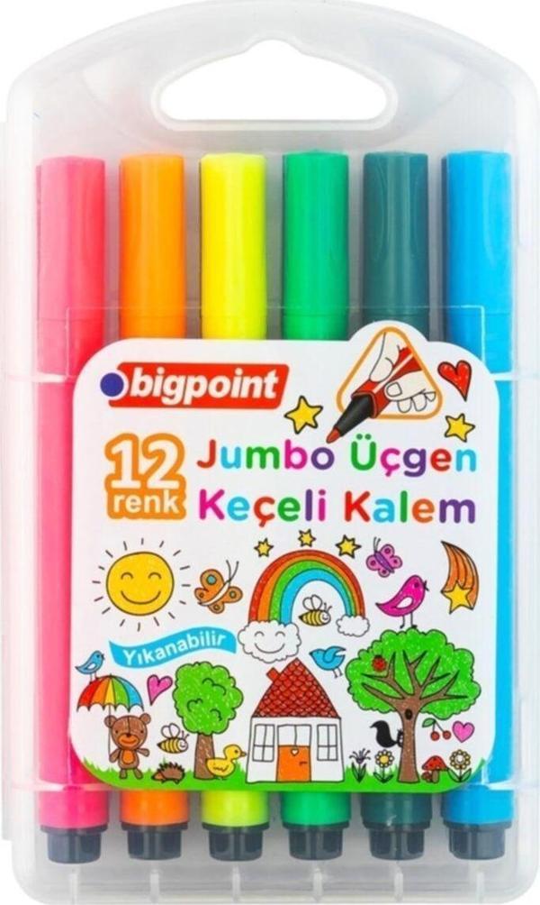 Bigpoint Plastik Kutulu Jumbo Üçgen Keçeli Kalem 12'Li Set - Image 1