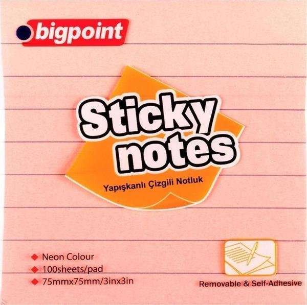 Bigpoint Yapışkanlı Not Kağıdı Çizgili 75X75Mm Neon Pembe - Image 1