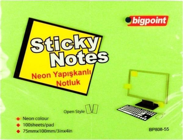 Bigpoint Yapışkanlı Not Kağıdı 75X100Mm Neon Yeşil 12'Li Paket - Image 1