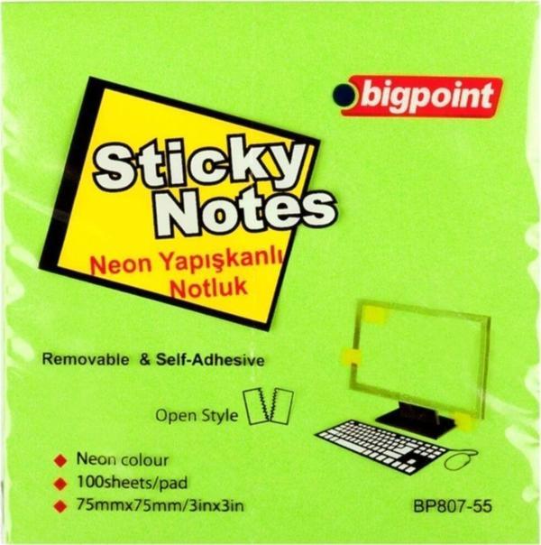 Bigpoint Yapışkanlı Not Kağıdı 75X75Mm Neon Yeşil 12'Li Paket - Image 1