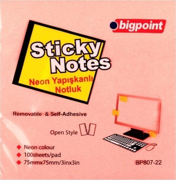Bigpoint Yapışkanlı Not Kağıdı 75X75 Mm Neon Pembe 12'Li Paket - Image 1