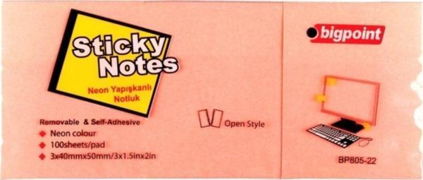 Bigpoint Yapışkanlı Not Kağıdı 3'Lü 40X50Mm Neon Pembe 4'Lü Paket - Image 1