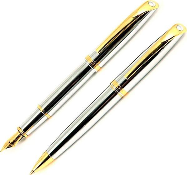 Yerli Steel Pen 0166 Takım Kalem Dolma Kalem + Tükenmez Kalem (Krom Altın) - Image 1