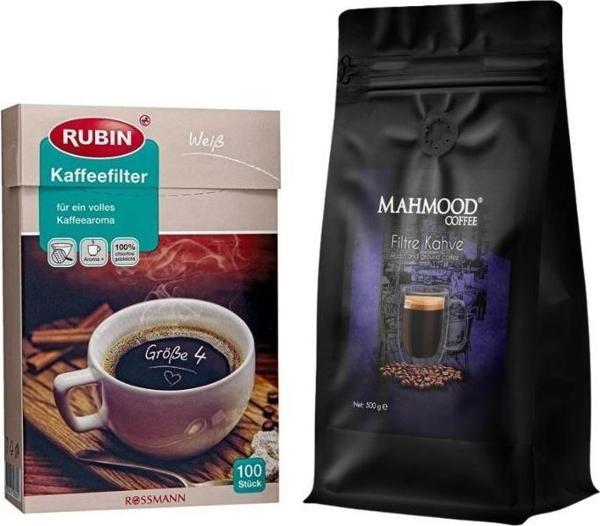 Mahmood Coffee Filtre Kahve 500 Gr ve Rubin Büyük Boy Kahve Filtresi Naturel Kağıt 4 Numara 100'lü - Image 1