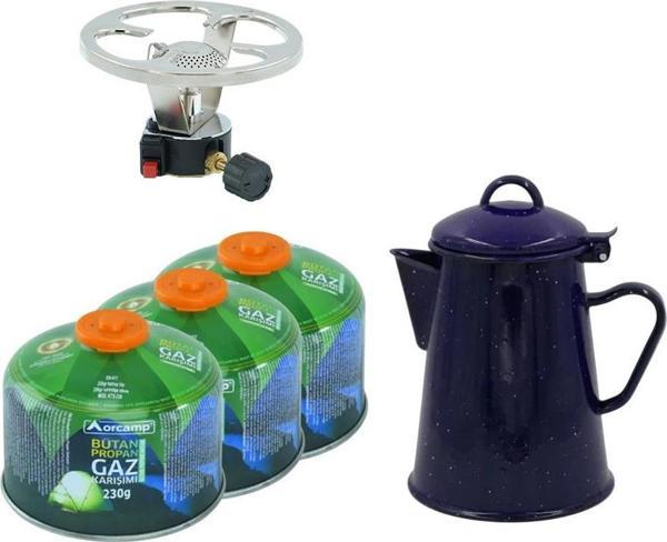Orcamp Çakmaklı Siboplu Kartuş Ocak+3 Adet 230 gr Tüp+Retro Emaye Demlik ORC-003-B3 - Image 1