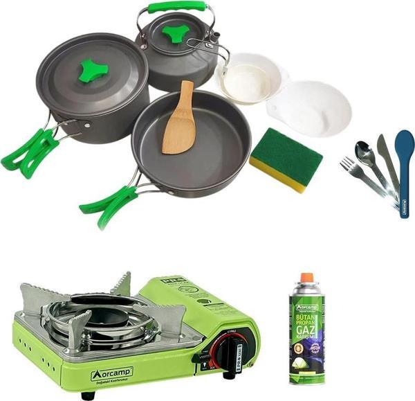 Orcamp Ocak Yeşil+Kartuş+3 Pcs Tencere Seti+Çat-Kaş-Bıç Mavi ORC-015-D1 - Image 1