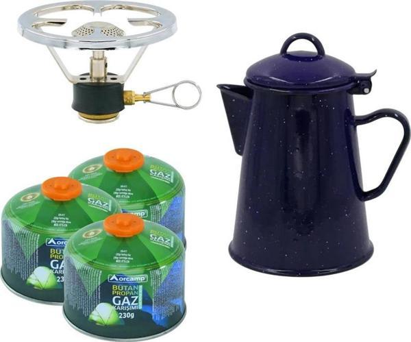 Orcamp Siboplu Kartuş Ocak+3 Adet 230 gr Tüp+Retro Emaye Demlik ORC-001-B3 - Image 1