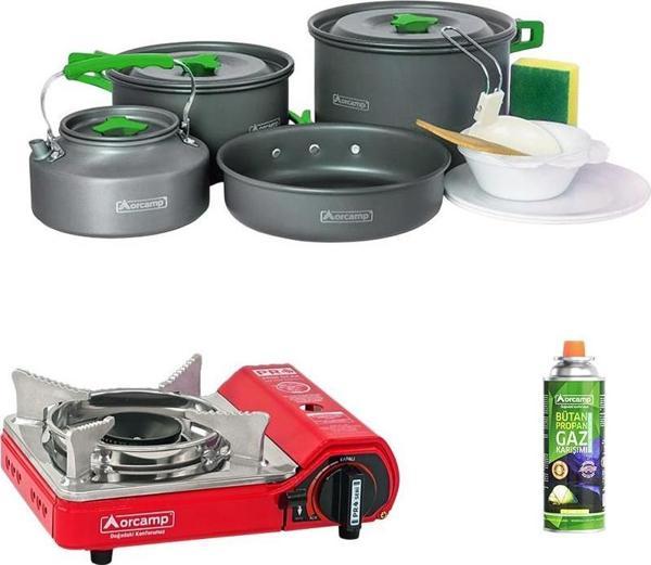 Orcamp Tekli Mini Portatif Ocak Kırmızı+1 Adet Kartuş KTS 227+4 Parça Tencere Seti ORC-013-C1 - Image 1