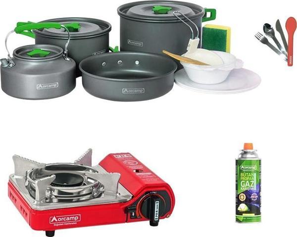 Orcamp Tekli Mini Portatif Ocak Kırmızı+1 Adet Kartuş KTS 227+4 Parça Tencere Seti+Çatal Kaşık Bıçak Kırmızı ORC-013-D3 - Image 1