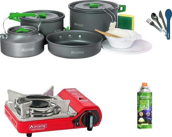 Orcamp Tekli Mini Portatif Ocak Kırmızı+1 Adet Kartuş KTS 227+4 Parça Tencere Seti+Çatal Kaşık Bıçak Mavi ORC-013-D1 - Image 1