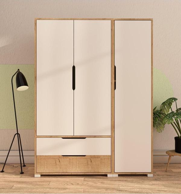 Vm Vertex Mobilya Flora 3 Kapaklı 2 Çekmeceli Gardırop Safir Meşe - Beyaz Elbise Dolabı - Image 1