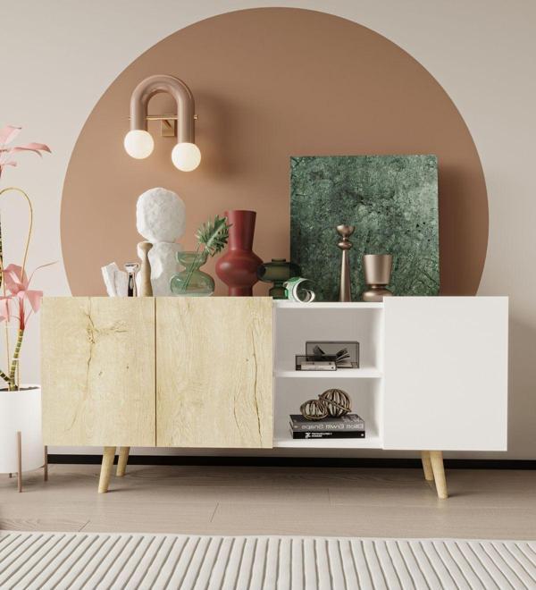 Vm Vertex Mobilya Milano Ahşap Ayaklı Modern Konsol 160 Cm Safir Meşe - Beyaz - Image 1
