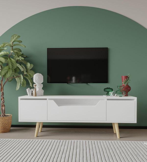 Vm Vertex Mobilya Roma Ahşap Ayaklı Tv Ünitesi Tv Sehpası Beyaz 150 Cm - Image 1