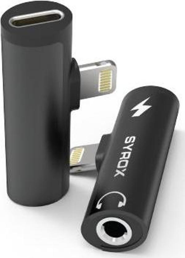 Syrox DT30L-LA Lightning - 1xLightning + 1x3.5mm AUX Midi Ses ve Şarj Ayırıcı Dönüştürücü - Siyah - Image 1