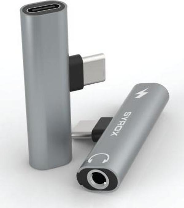 Syrox DT30T-TA Type-C - 1xType-C + 1x3.5mm AUX Maxi Ses ve Şarj Ayırıcı Dönüştürücü - Gri - Image 1