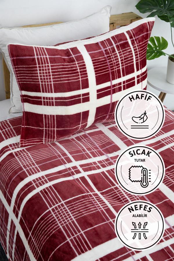 2 Parça Woolly Tek Kişilik Battaniye Yatak Örtüsü Seti - Bordo - Image 1