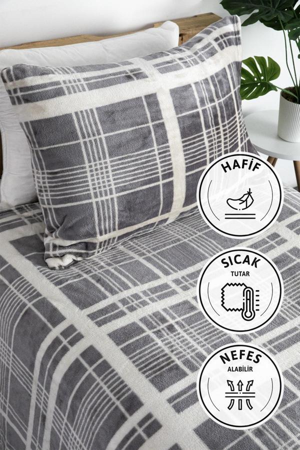 2 Parça Woolly Tek Kişilik Battaniye Yatak Örtüsü Seti - Vizon - Image 1