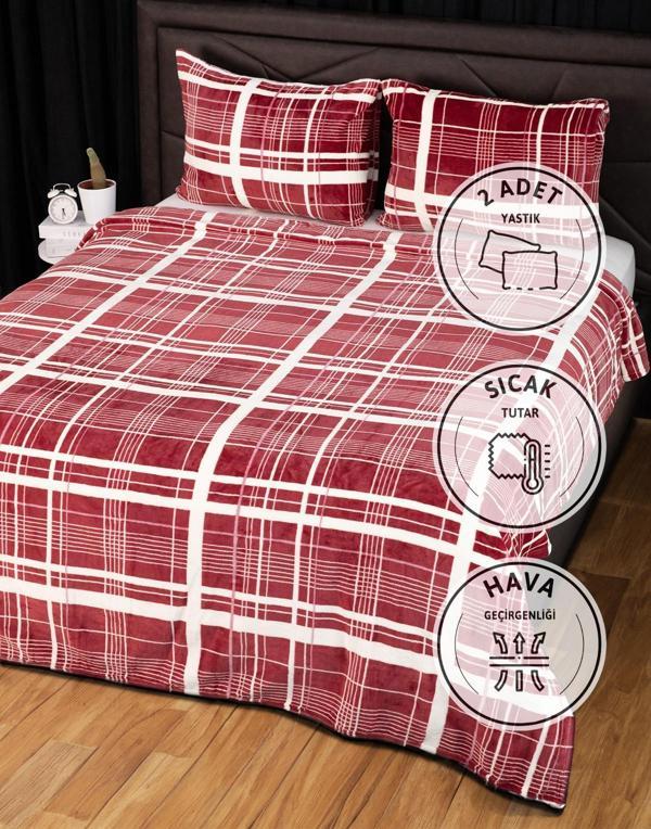 3 Parça Woolly Çift Kişilik Battaniye Yatak Örtüsü Seti - Bordo - Image 1