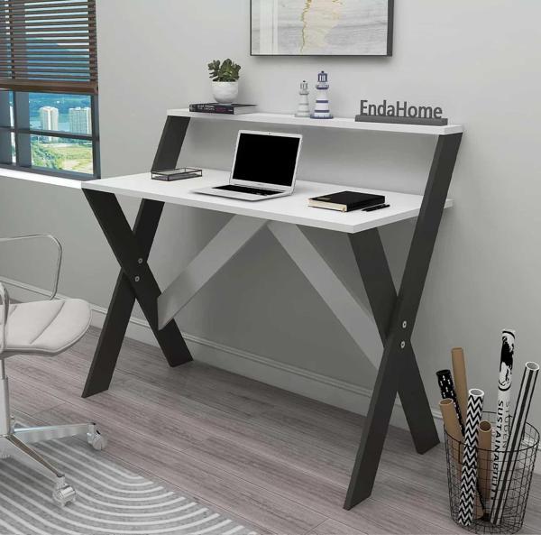 Reyo Home Enda X Ayaklı Raflı Ders Çalışma Masası 50x90 cm Antrasit - Beyaz - Image 1