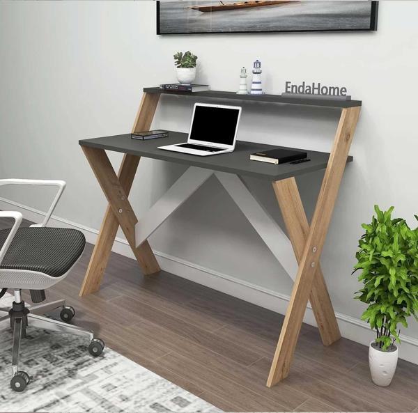 Reyo Home Enda  X Ayaklı Raflı Ders Çalışma Masası 50x90 cm Çam - Antrasit - Image 1