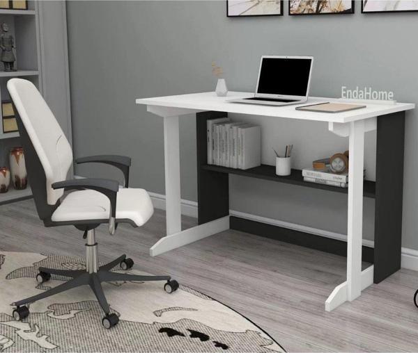 Reyo Home Enda Pillar Kütüphaneli Geniş Çalışma Masası 100x56 Cm Beyaz - Antrasit - Image 1