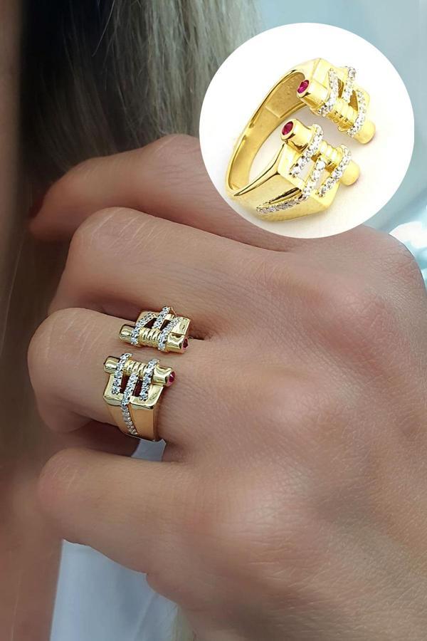 Zirkon Taş Detaylı 925ayar Gümüş Üzerine Altın Kaplama Luxury Tasarım Ayarlanabilir Yüzük - Image 1