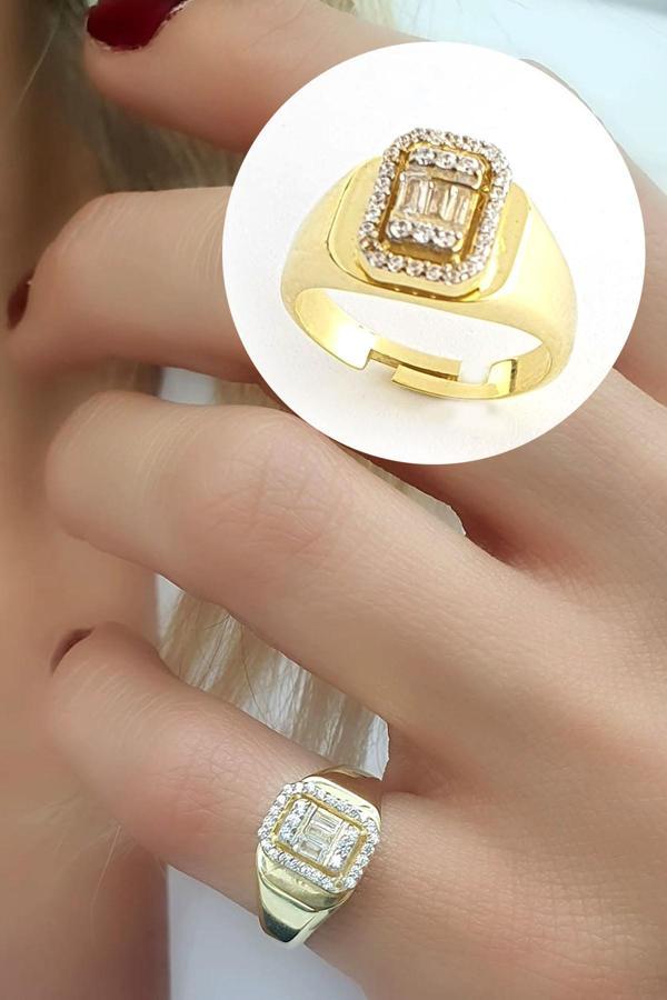 baget Zirkon Taşlı 925ayar Gümüş Üzerine Altın Kaplama Luxury Tasarım Ayarlanabilir Şovalye Yüzük  - Image 1