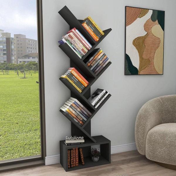 Reyo Home Enda Erine 8 Raflı Zikzak Kitaplık Antrasit - Image 1