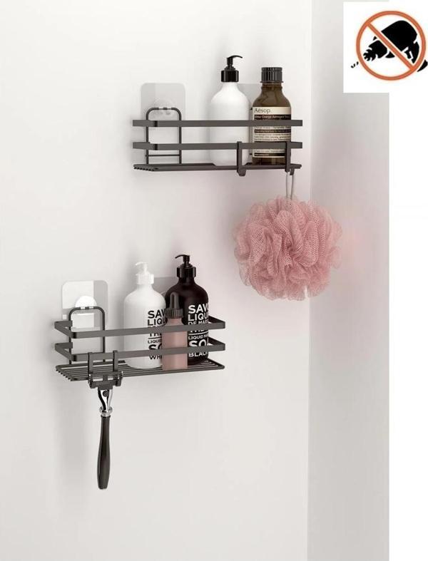 Tekno Tel ST-281 Yapışkanlı Kancalı 2 Adet Düz Banyo Rafı Siyah - Image 1