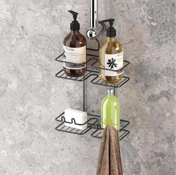 Tekno Tel BK-067 Asmalı 2 Katlı Düz Banyo Duş Rafı Siyah - Image 1