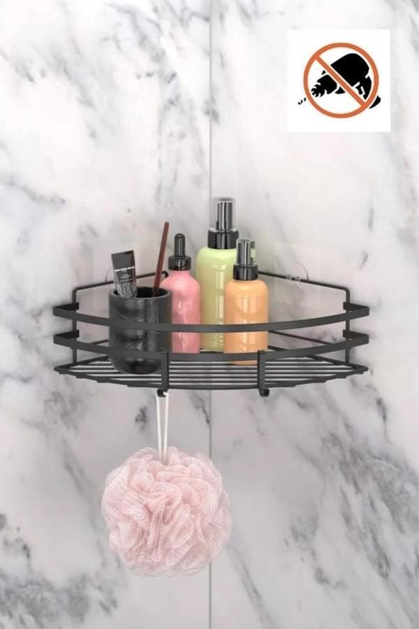 Tekno Tel ST-107 Yapışkanlı Kancalı Köşelik Banyo Rafı Siyah - Image 1
