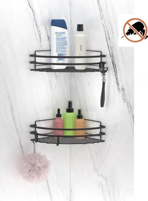 Tekno Tel ST-207 Yapışkanlı Kancalı 2 Adet Köşelik Banyo Rafı Siyah - Image 1