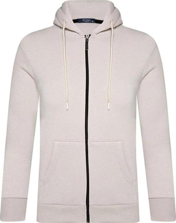 SÜVARİ Kapüşonlu Fermuarlı Yaka Regular Kalıp Düz Beyaz Sweatshirt - Image 1