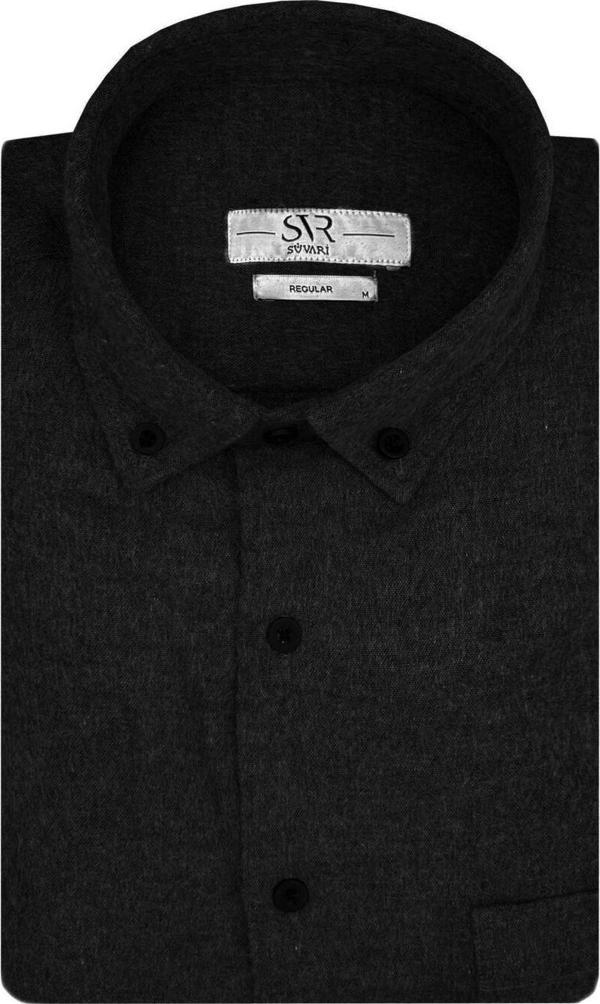 SÜVARİ Bol Kesim Cepli Siyah Düz Flanel Kışlık Erkek Gömlek - Image 1
