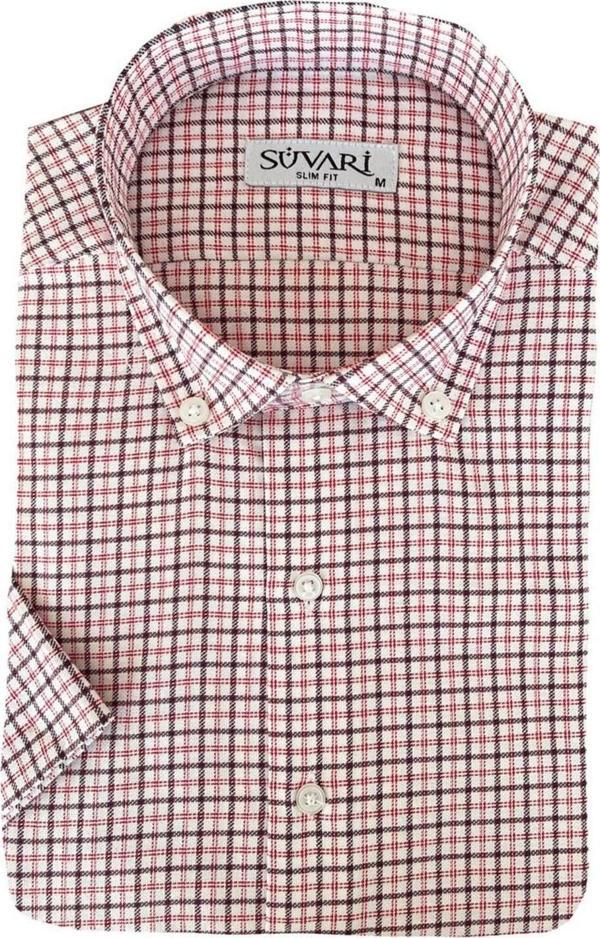 SÜVARİ Slim Fit Kısa Kol Çizgili Kırmızı Gömlek - Image 1