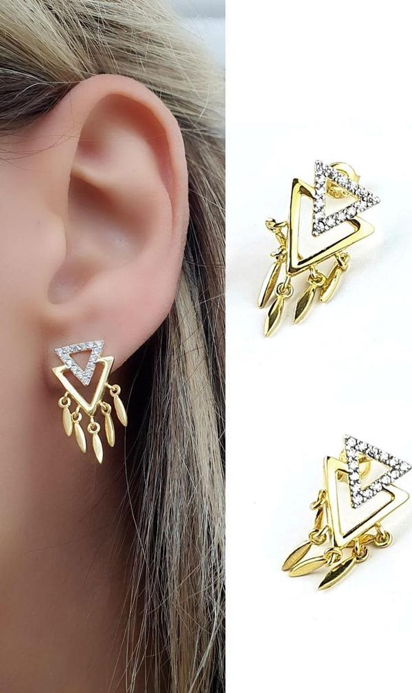 925ayar Gümüş Üzerine Altın Kaplama Zirkon Taş Detaylı Luxury Tasarım Trend Küpe - Image 1