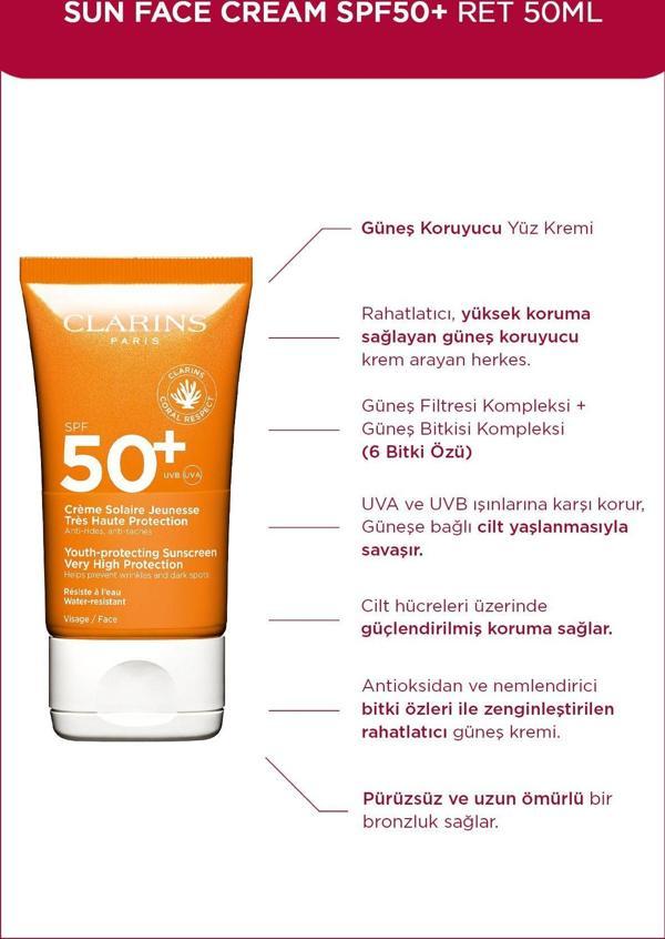 Clarins Sun Face Cream Spf50+ 50 Ml - Yüz İçin Güneş Kremi - Çok Yüksek Koruma Spf50+ - Image 1