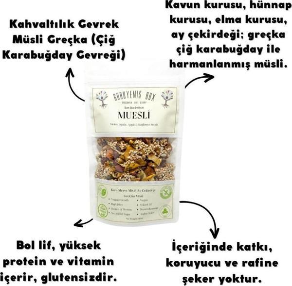 Guruyemiş Box Müsli gr.eçka Çiğ Karabuğday Kahvaltılık Gevrek Kuru Meyveli Ay Çekirdekli Kavun Hünnap Elma 240 gr. - Image 1