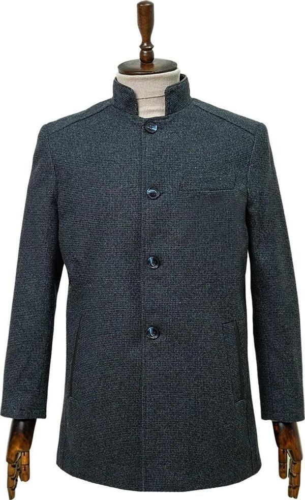 SÜVARİ Rahat Kalıp Hakim Yaka Armürlü Yünlü Lacivert Kaban - Image 1