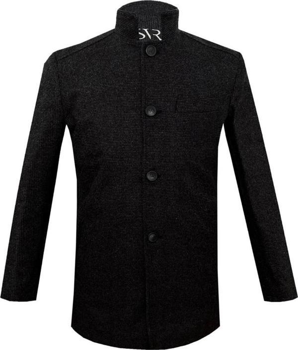 SÜVARİ Rahat Kalıp Hakim Yaka Armürlü Yünlü Siyah Kaban - Image 1