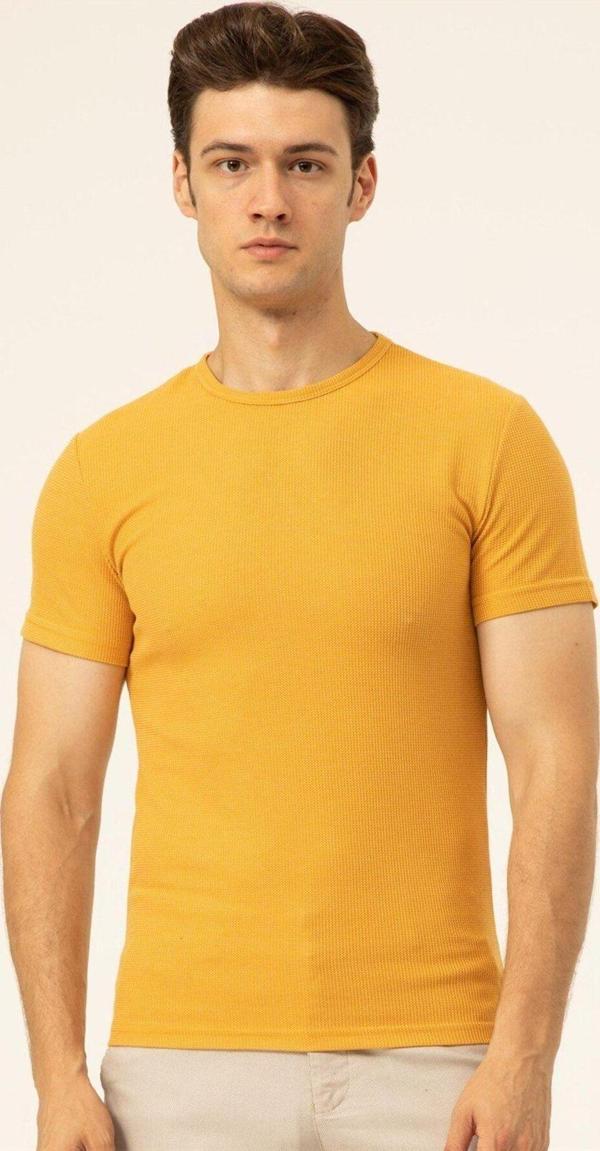 SÜVARİ Slim Fit Waffle Desenli O Yaka Sarı Tshirt - Image 1