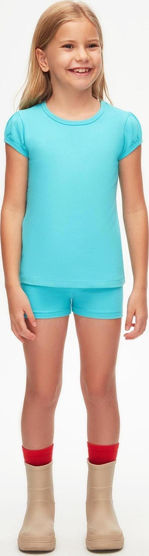 Açık Turkuaz Basic Kız Çocuk Sıfır Yaka Karpuz Kol Tişört - Image 1