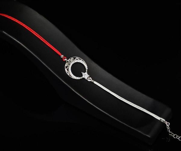 925 Ayar Gümüş Rodyum Kaplama Kırmızı Beyaz Türkiye ,Taraftar Desenli Ayyıldız Erkek Bileklik - Image 1