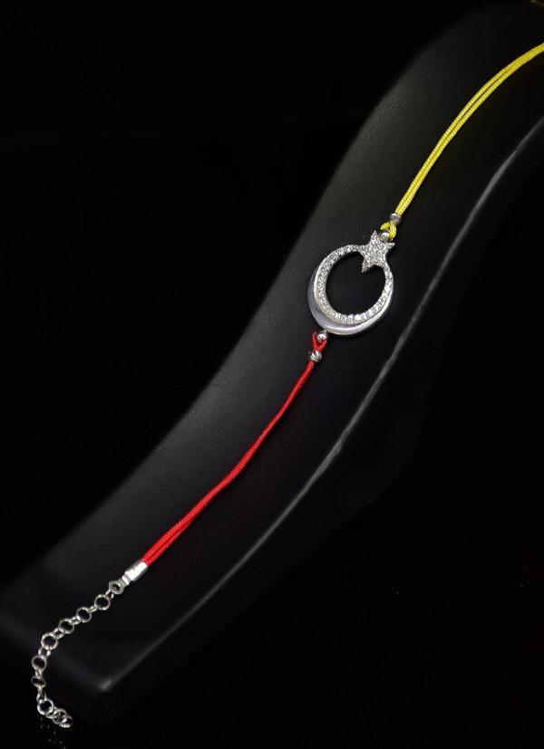 925 Ayar Gümüş Rodyum Kaplama Sarı Kırmızı ,Taraftar Tek Sıra Ayyıldız Erkek Bileklik - Image 1