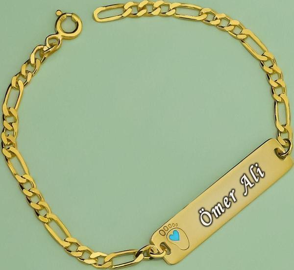 925 Ayar Gümüş Gold Kaplama Mavi Ayak İsimli Erkek Bebek Künyesi - Image 1
