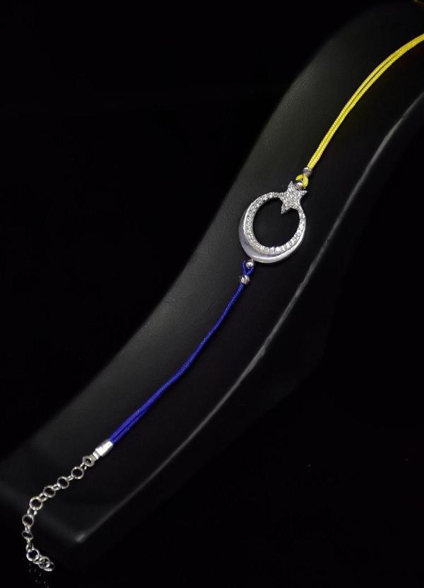 925 Ayar Gümüş Rodyum Kaplama Sarı Lacivert ,taraftar Tek Sıra Ayyıldız Erkek Bileklik - Image 1